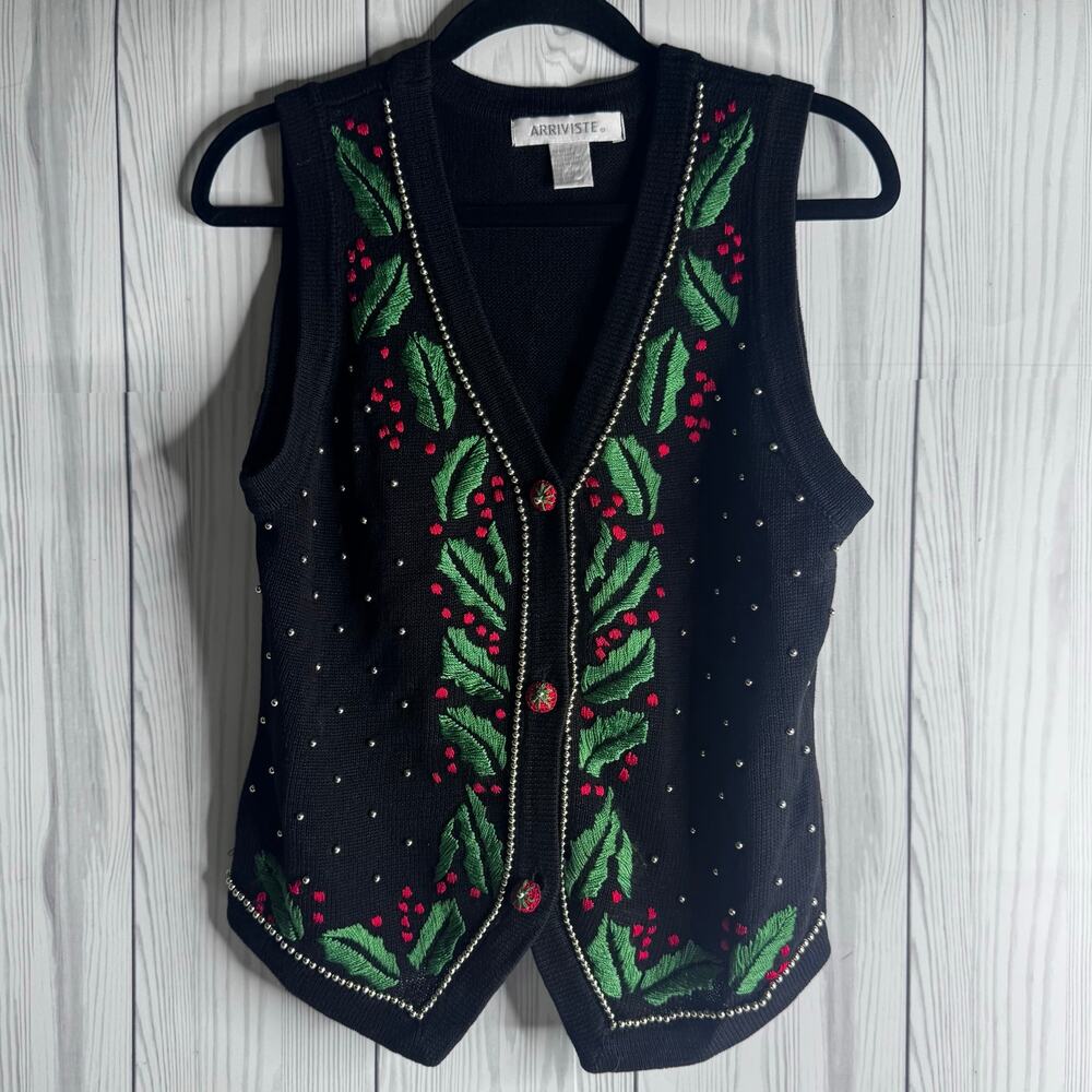 Vintage Arriviste Woman Sweater Vest Womens Med Black Christmas Mistletoe Beaded